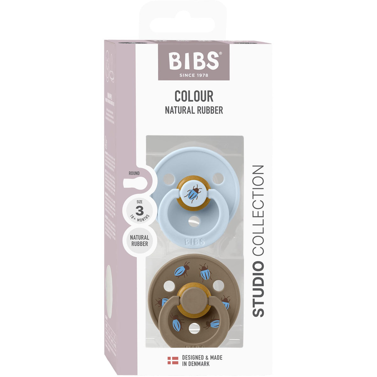 Bibs Baby Blue / Dark Oak Studio Colour Pacifier Beetle Mix 2 Pack Latex Round