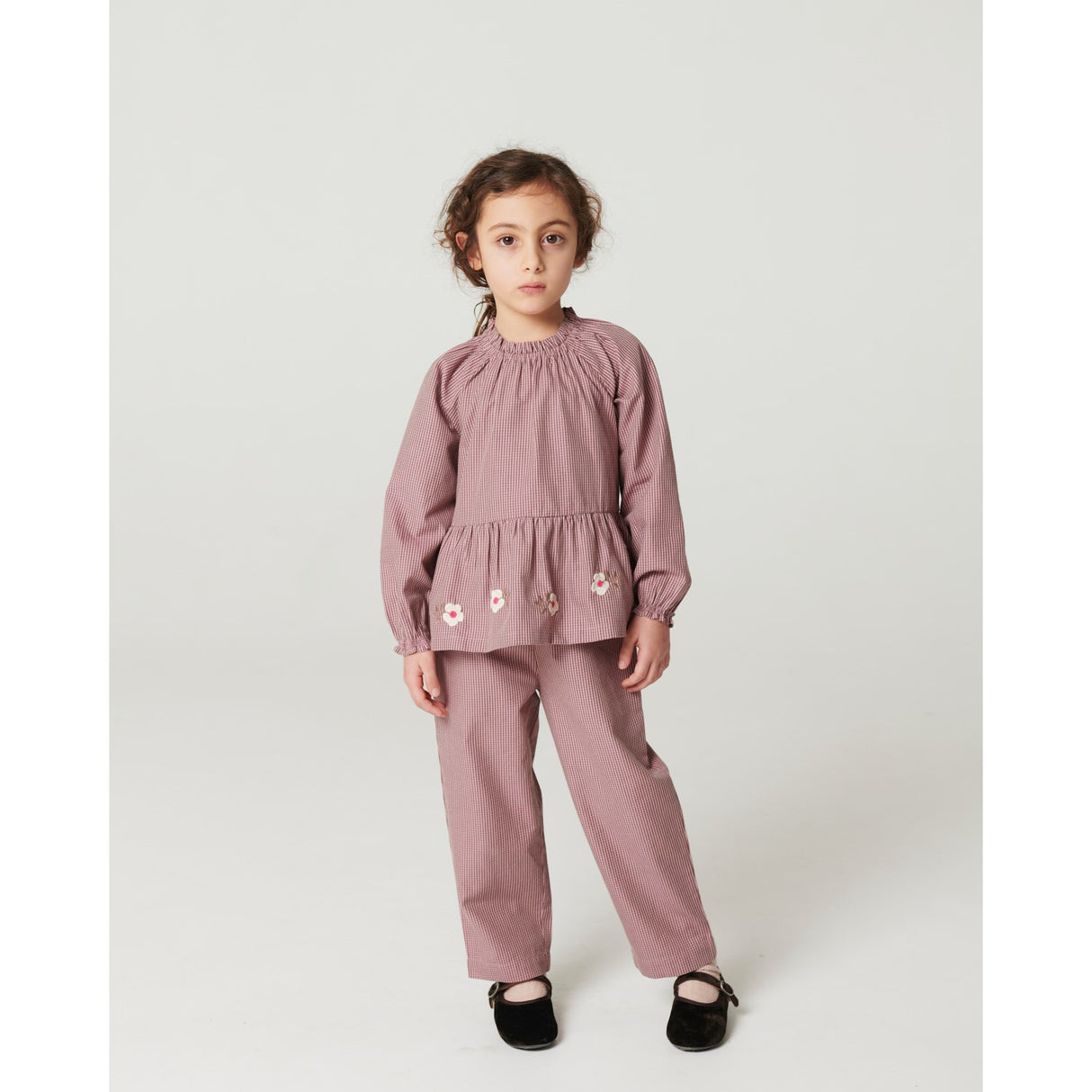 COPENHAGEN COLORS Winter Rose Check Comb. Blouse W. Flower Embroidery