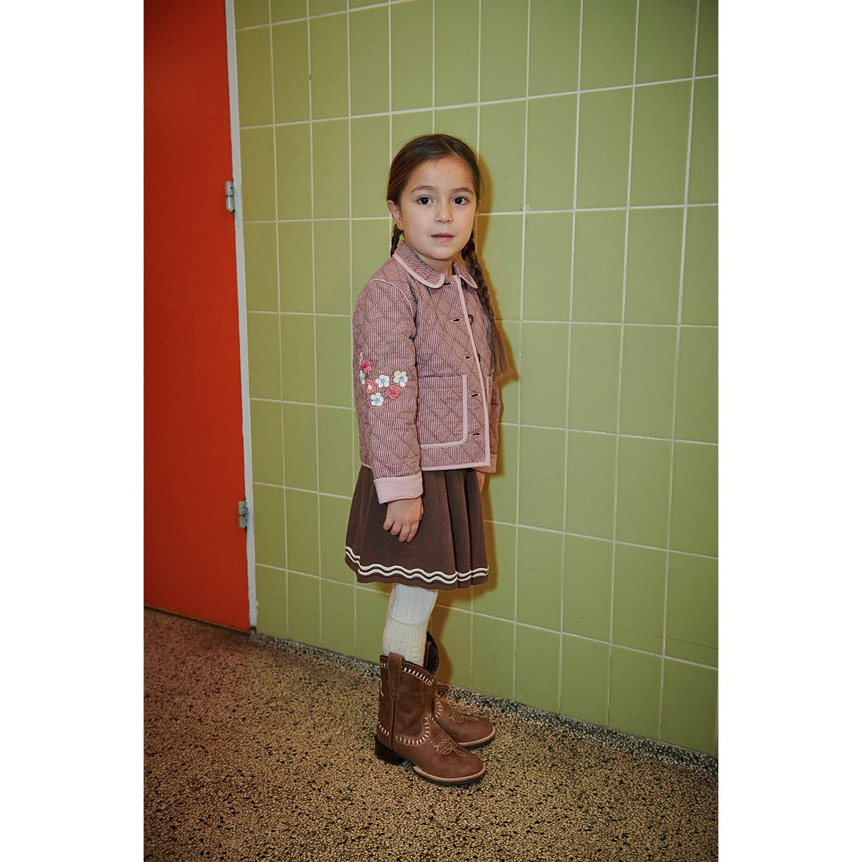 COPENHAGEN COLORS Winter Rose Check Comb. Checkered Quilted Jacket W. Embroidery