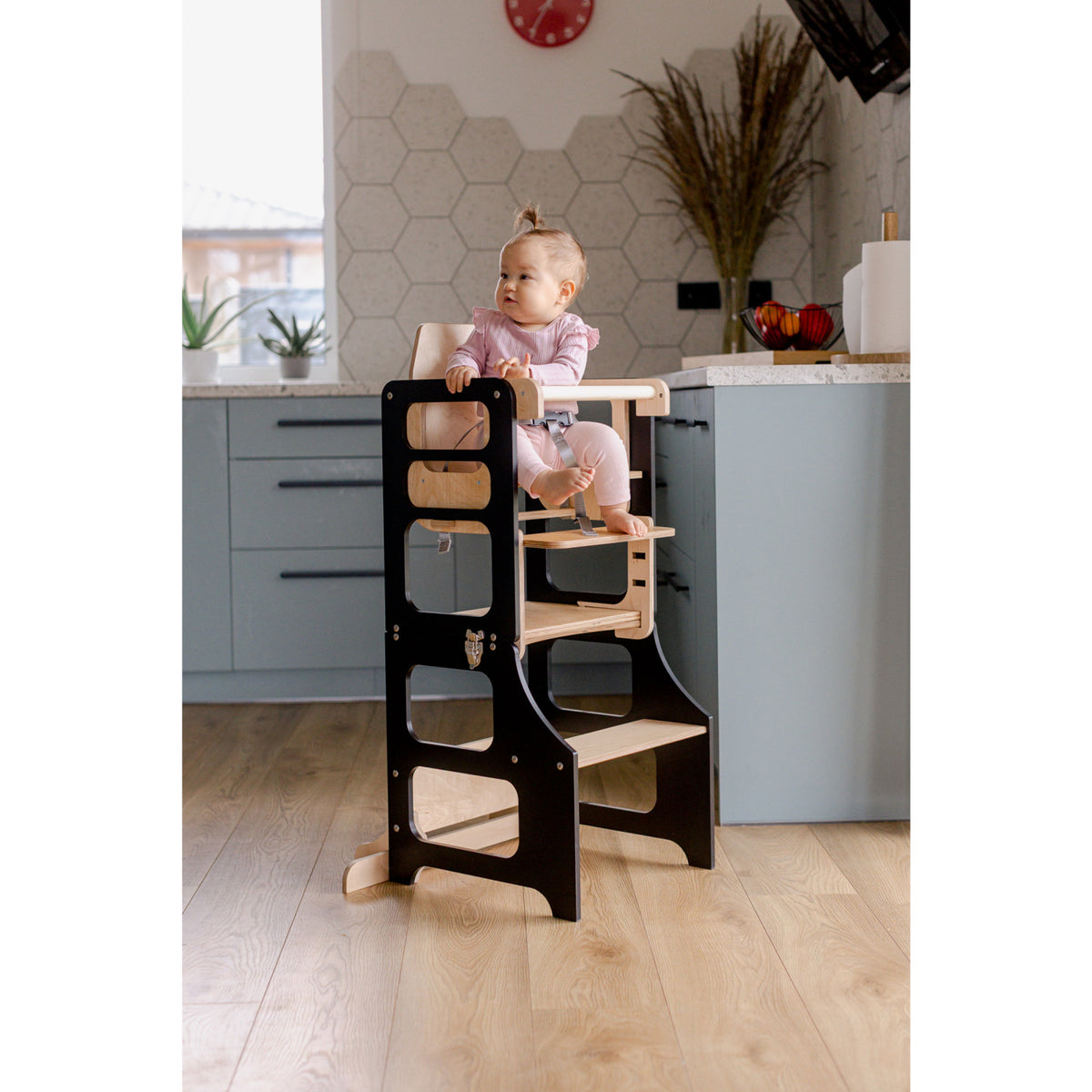 Duck Woodworks Black Foldable EC Kitchen Tower With High Chair Addon Set
