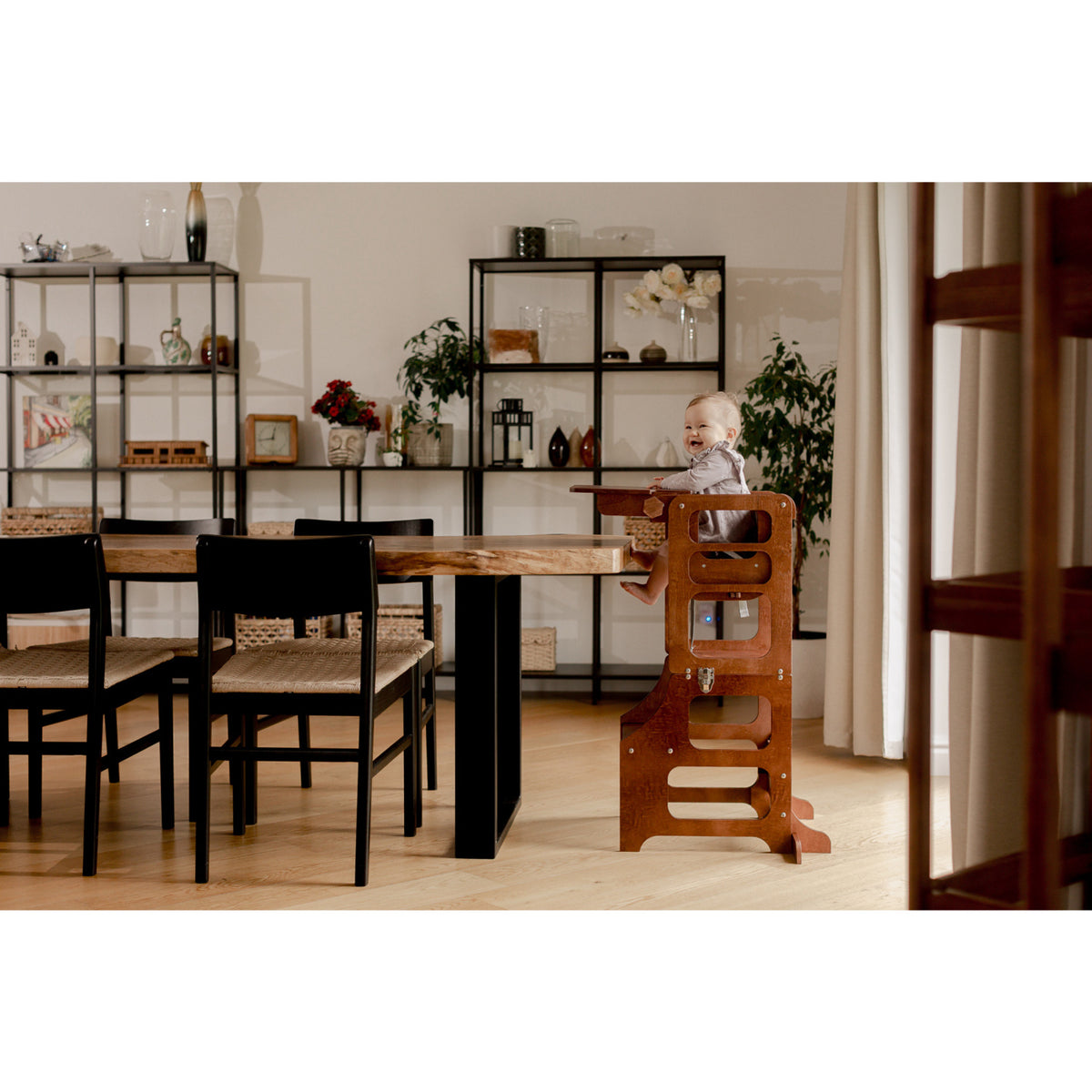 Duck Woodworks Honey Glaze Foldable Kitchen Tower Stained With High Chair Addon Set