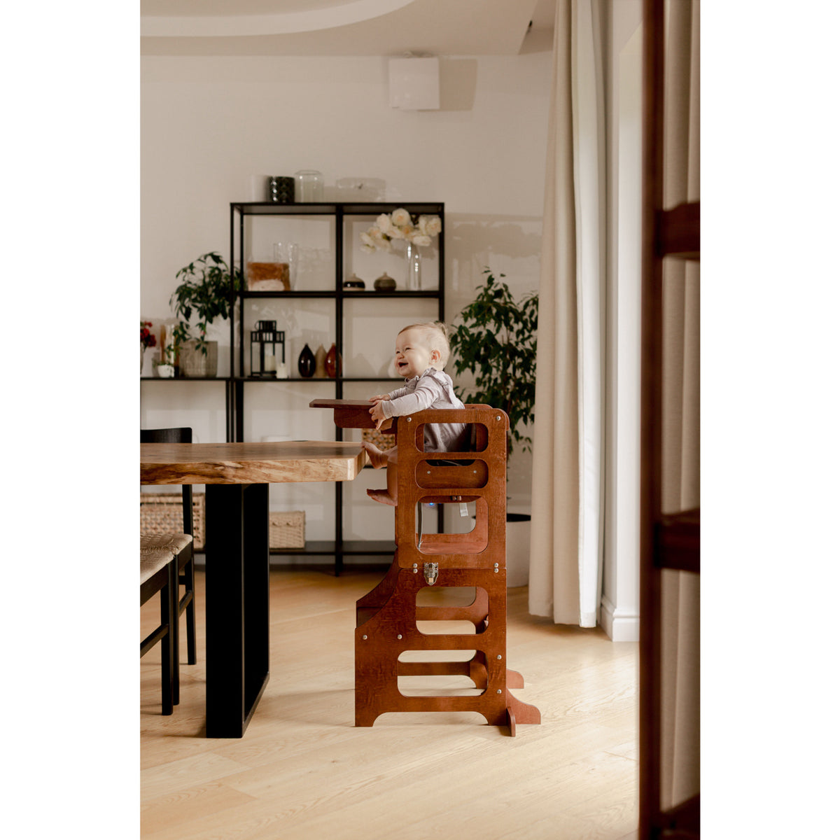 Duck Woodworks Honey Glaze Foldable Kitchen Tower Stained With High Chair Addon Set