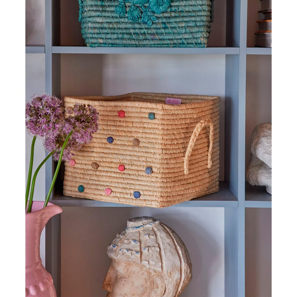 Rice Raffia Square Basket with 'A New York Minute' Dots - Raffia Handles