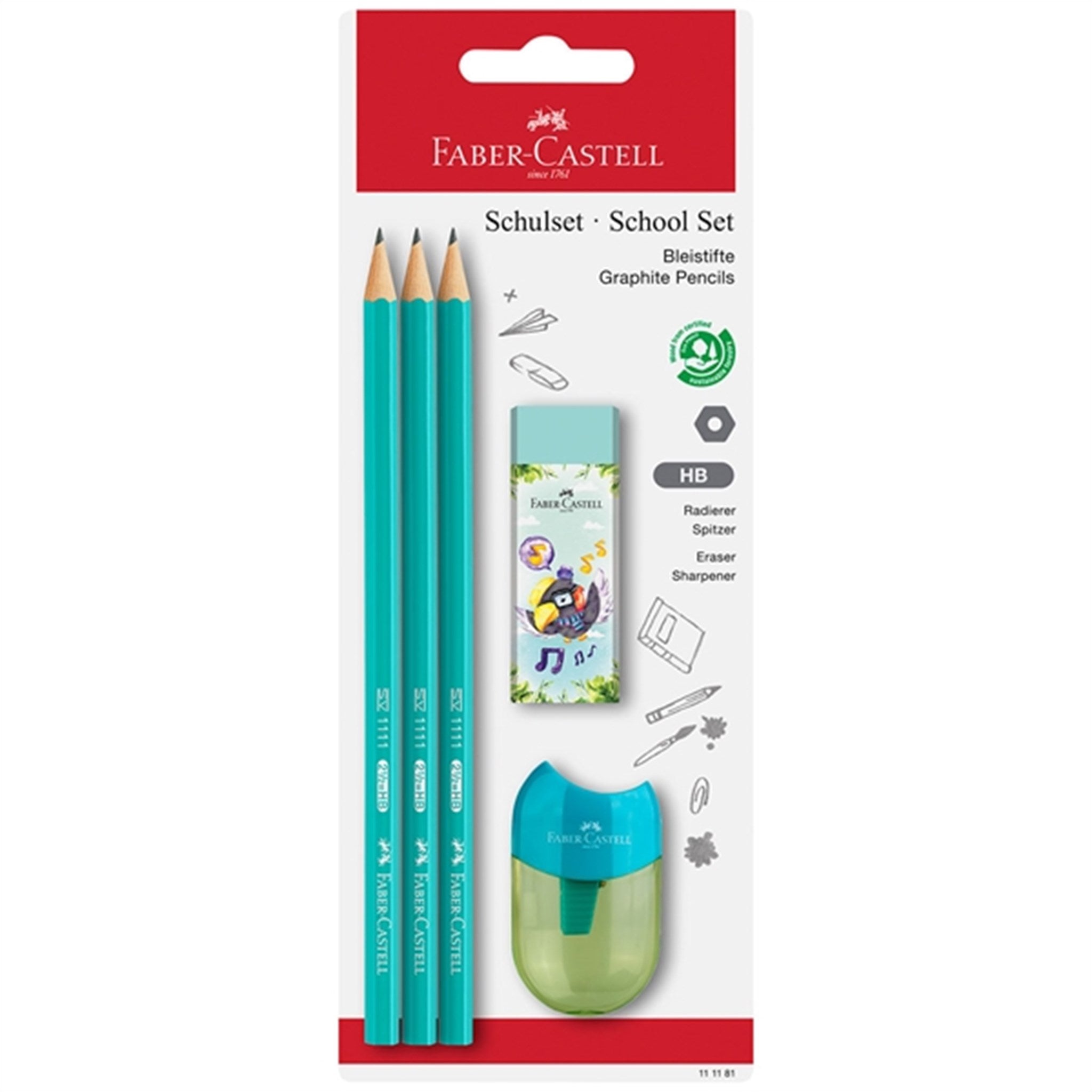 Faber-Castell 3 Pencils, 1 Sharpener, Eraser Turquoise