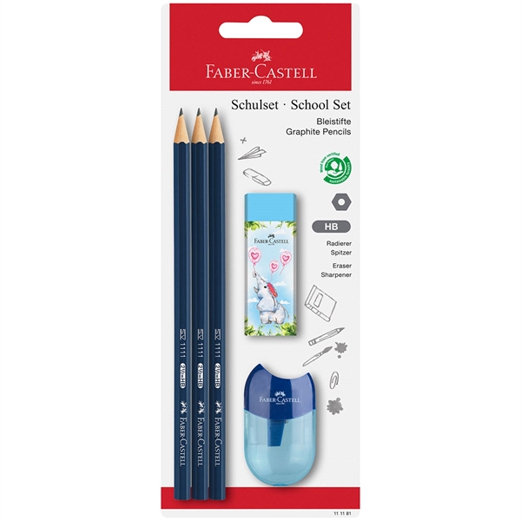 Faber-Castell 3 Pencils, 1 Sharpener, Eraser Blue