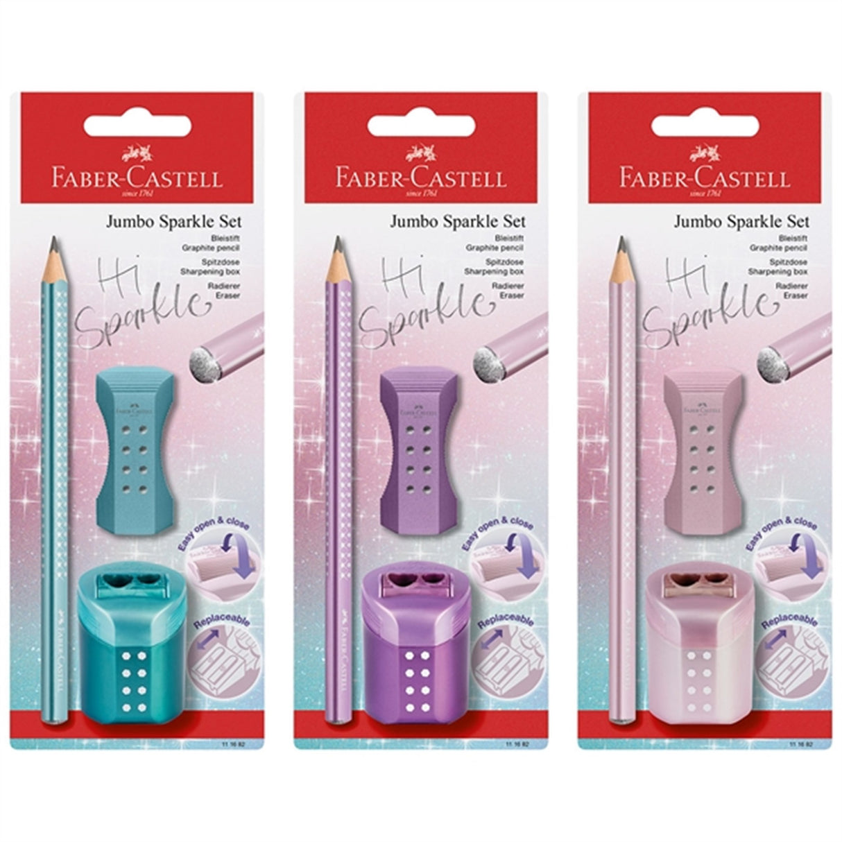 Faber-Castell Sparkle Jumbo Pencil, Eraser, Pencil Sharpener - Turquoise