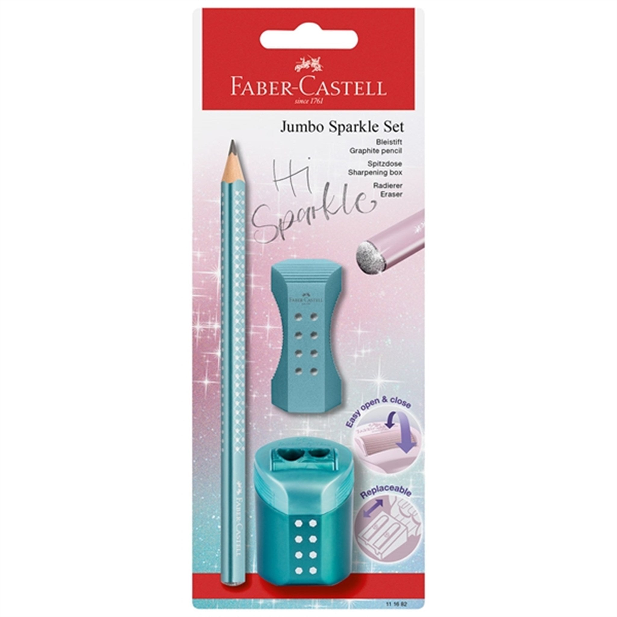 Faber-Castell Sparkle Jumbo Pencil, Eraser, Pencil Sharpener - Turquoise