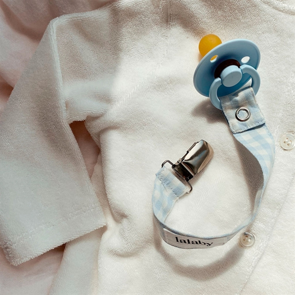 lalaby Blue Gingham Pacifier Clip