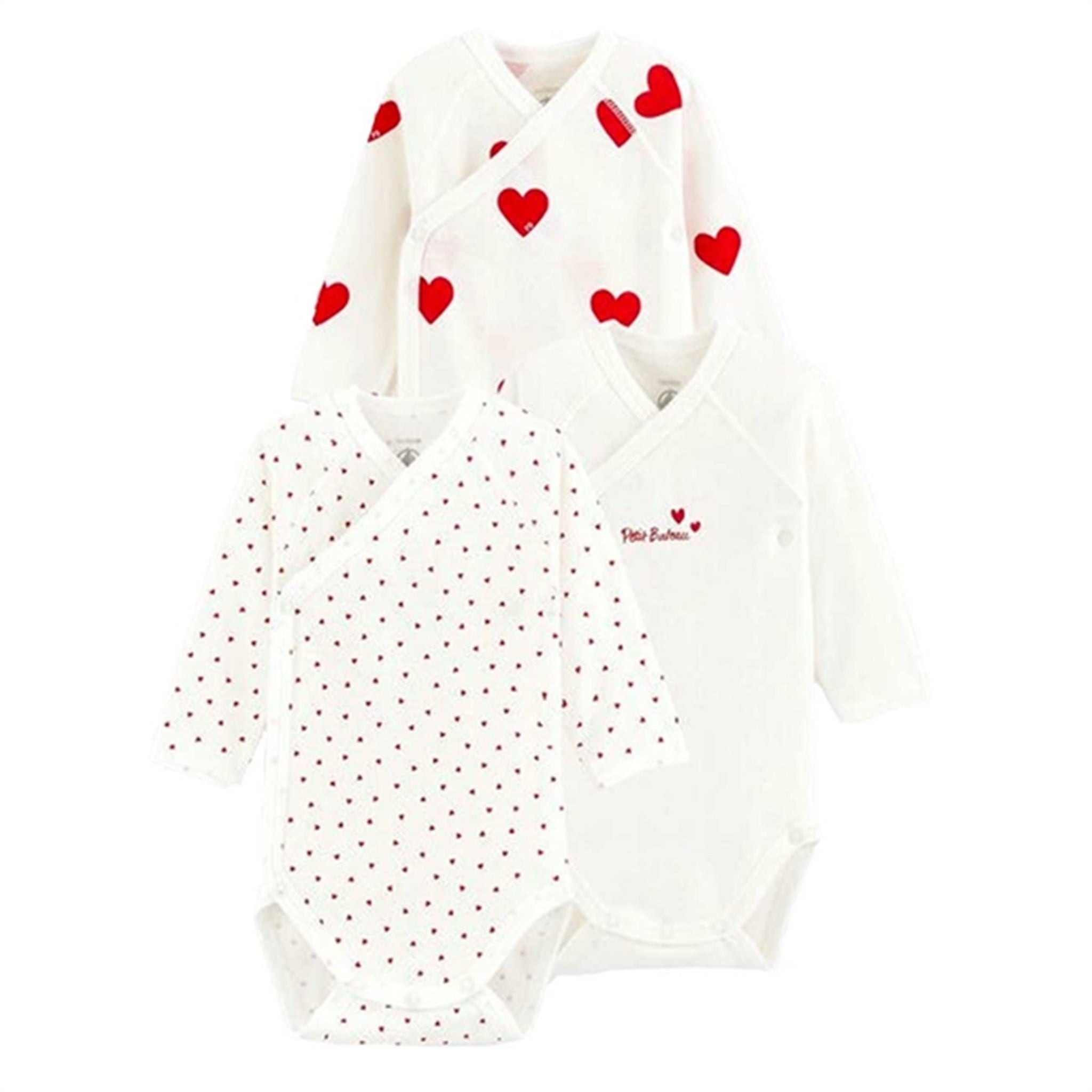 Petit Bateau Bodystocking ML 3-pack White/Red Hearts