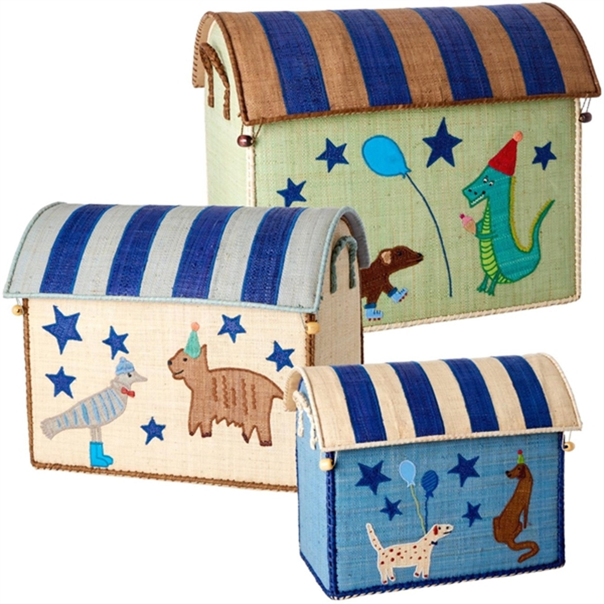 RICE Blue Party Animal Theme Raffia Baskets for Storage 3-pack