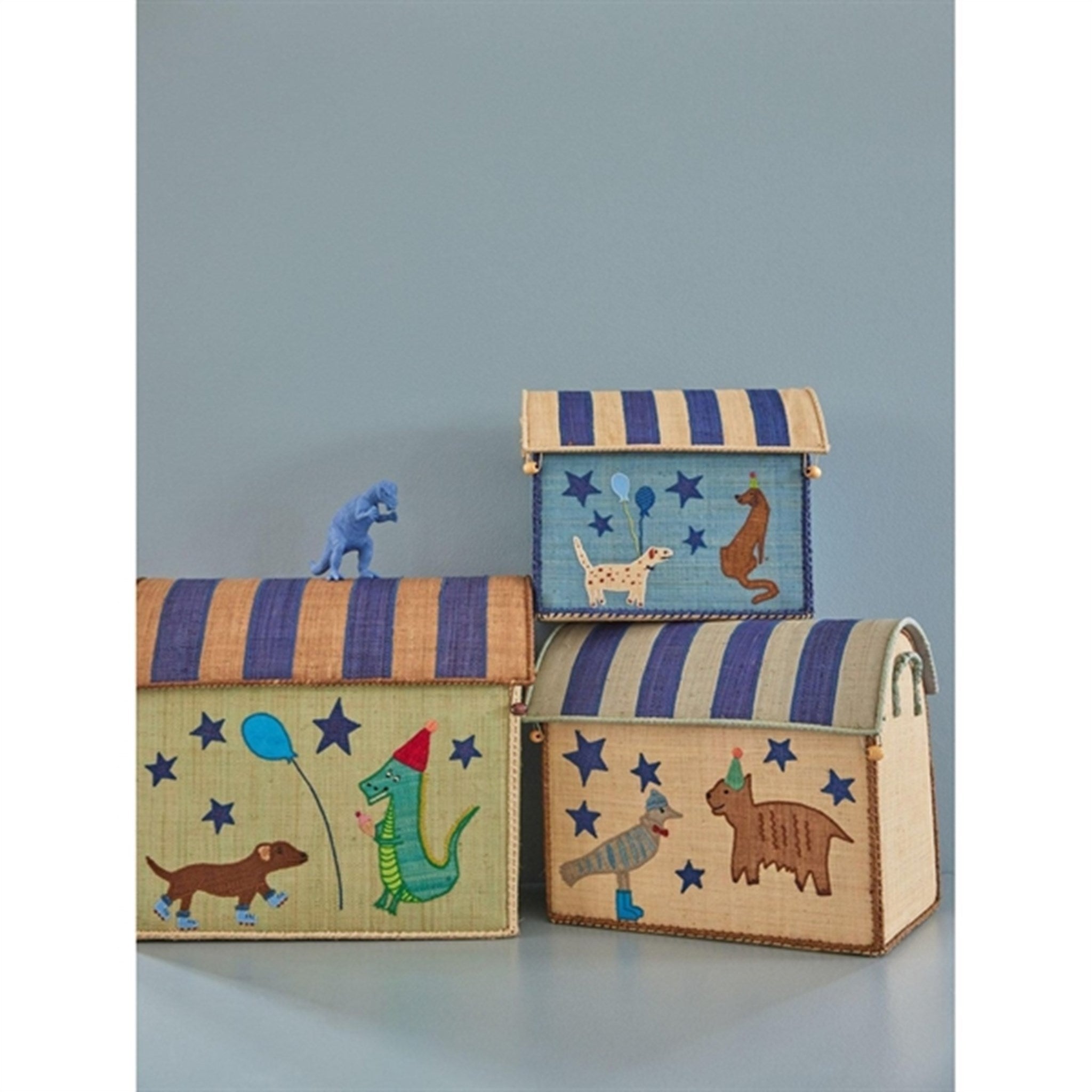 RICE Blue Party Animal Theme Raffia Baskets for Storage 3-pack 2