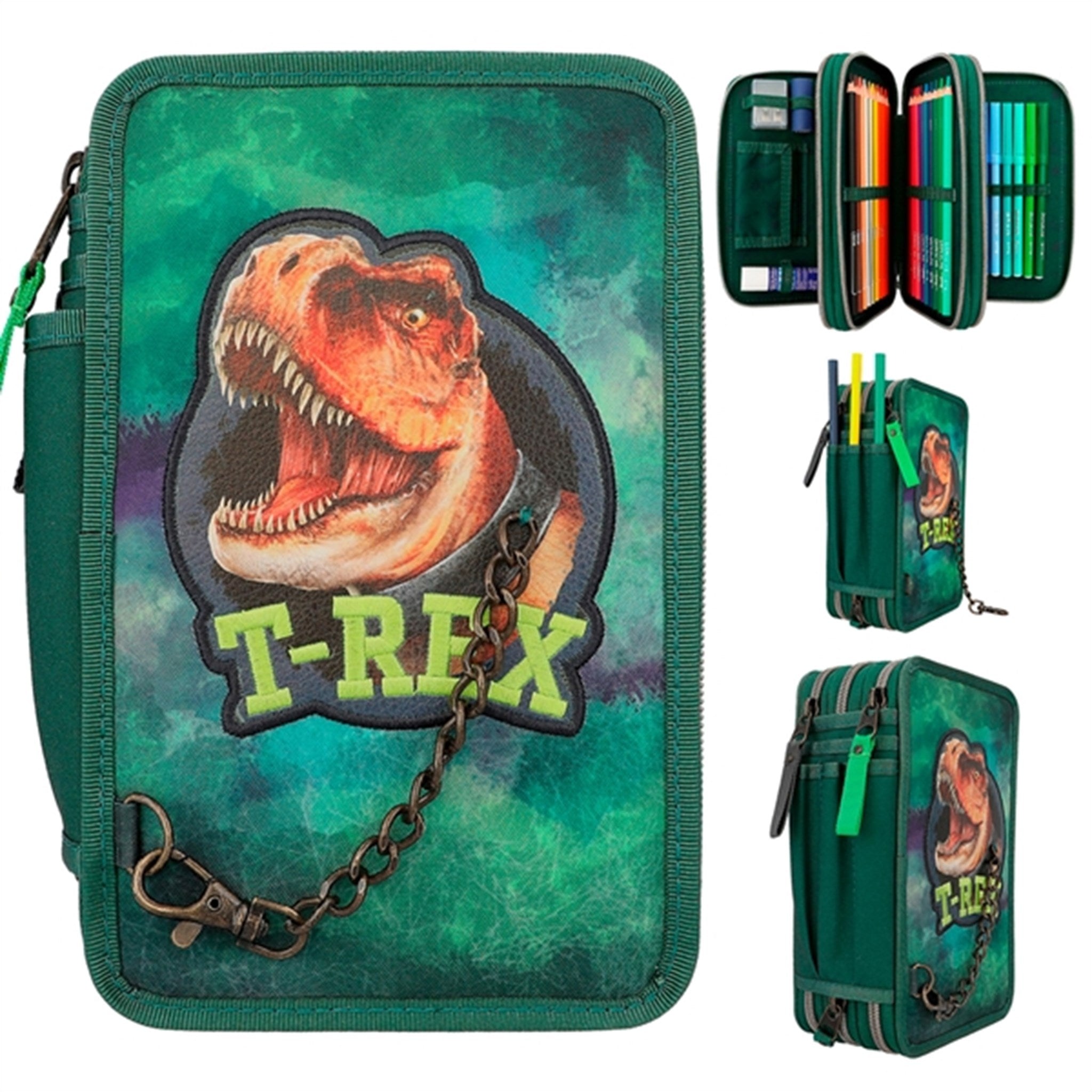 Dino World Triple Pencil Case With Chain Green 2