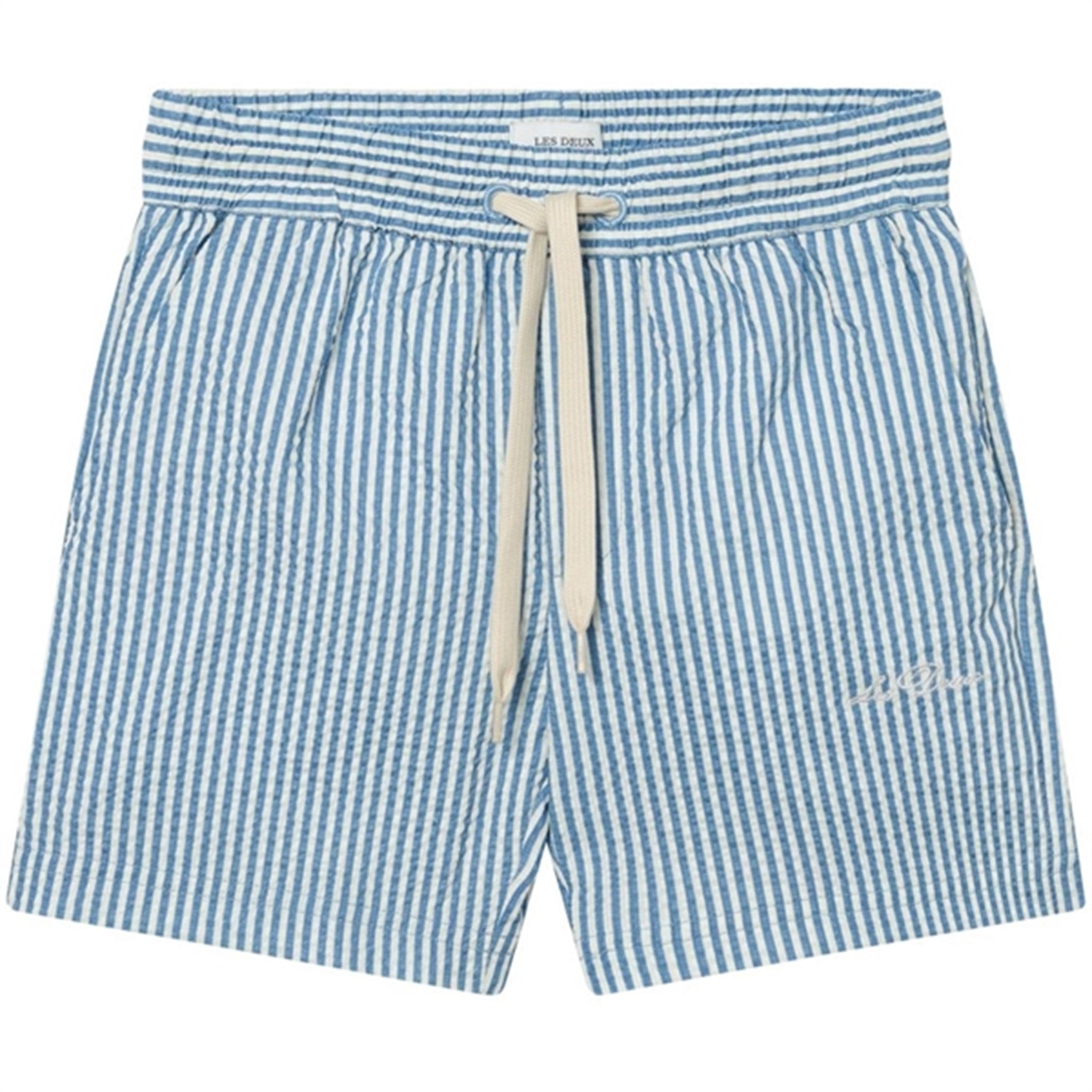 Les Deux Kids Washed Denim Blue/Light Ivory Stan Stripe Seersucker Swim Shorts