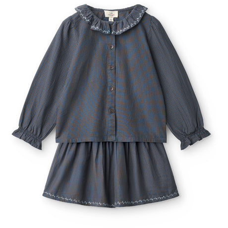 COPENHAGEN COLORS x Luksusbaby Brown Blue Check Comb. Checkered Ls Blouse And Skirt Set