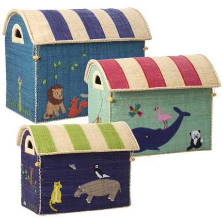 Rice Raffia Toy Baskets With Animal Theme - Set Of 3