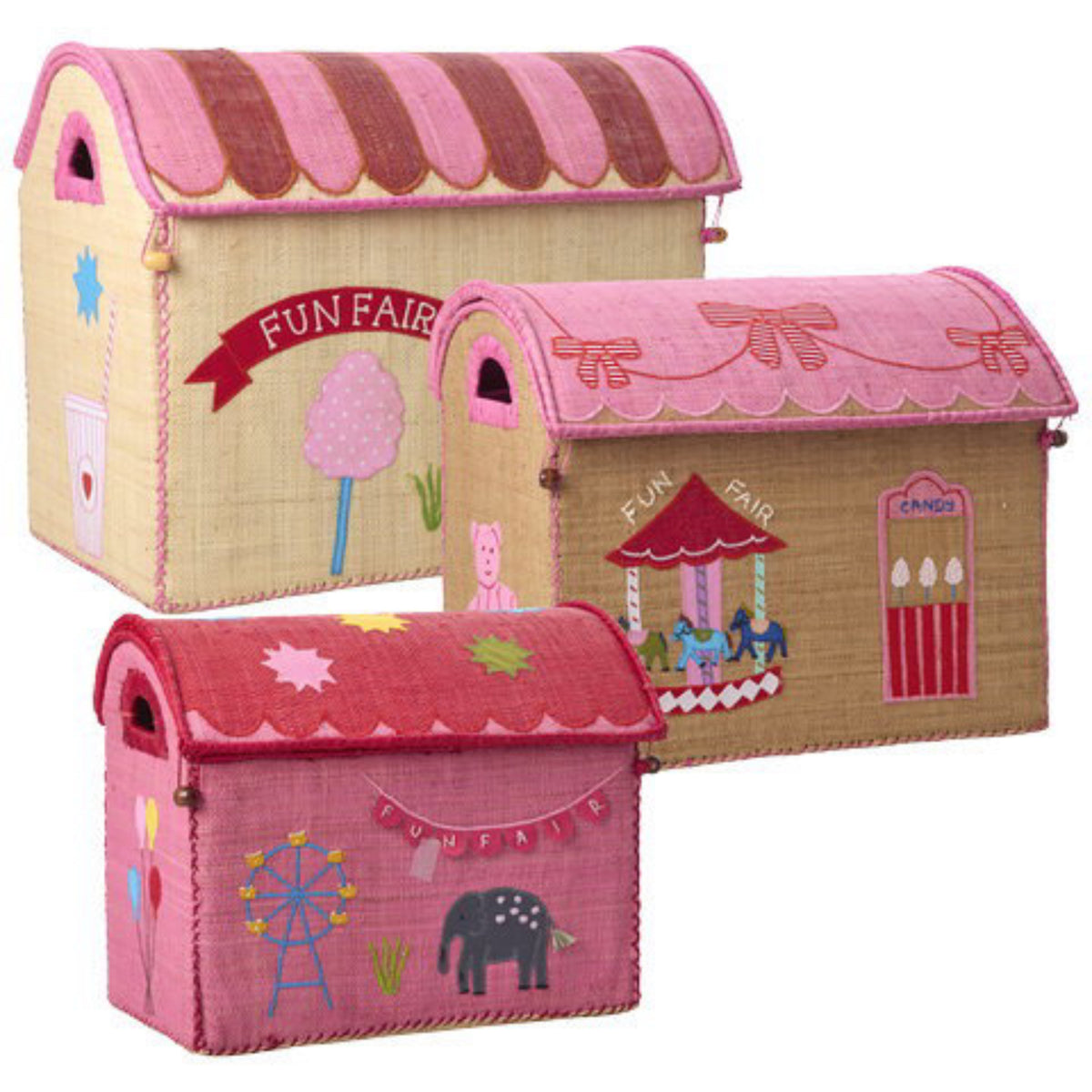 Rice Pink Fun Fair Theme Raffia Toy Baskets 3-Pack