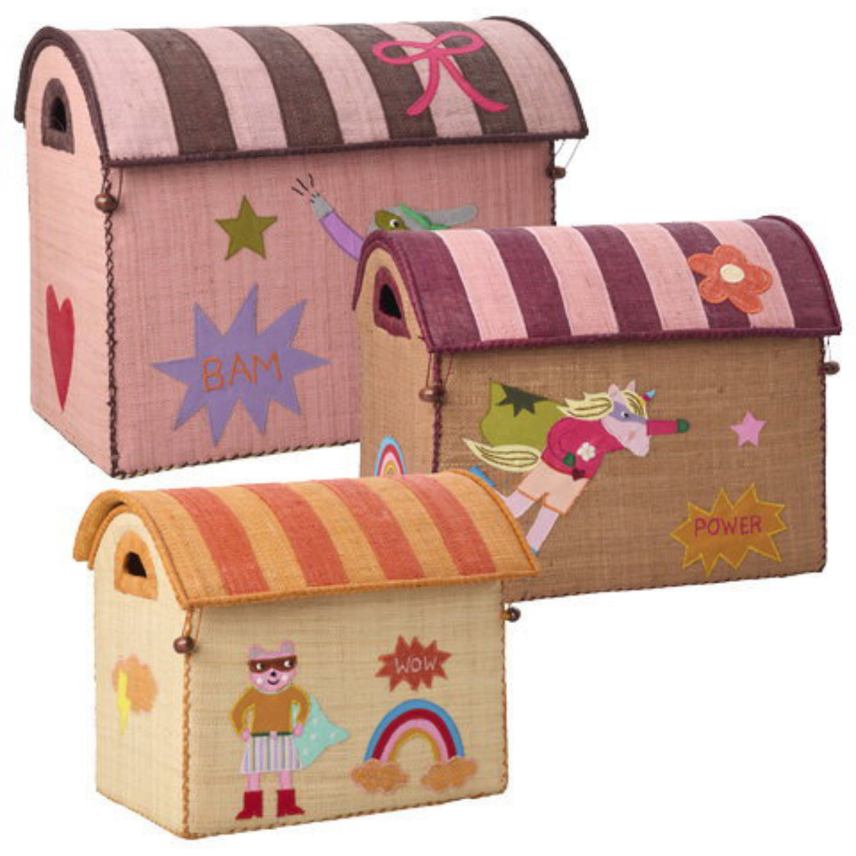 Rice Raffia Toy Baskets With Hero Theme - Pink - Set Of 3