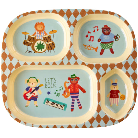 Rice Melamine Kids 4 Room Plate With Blue Music Band Print