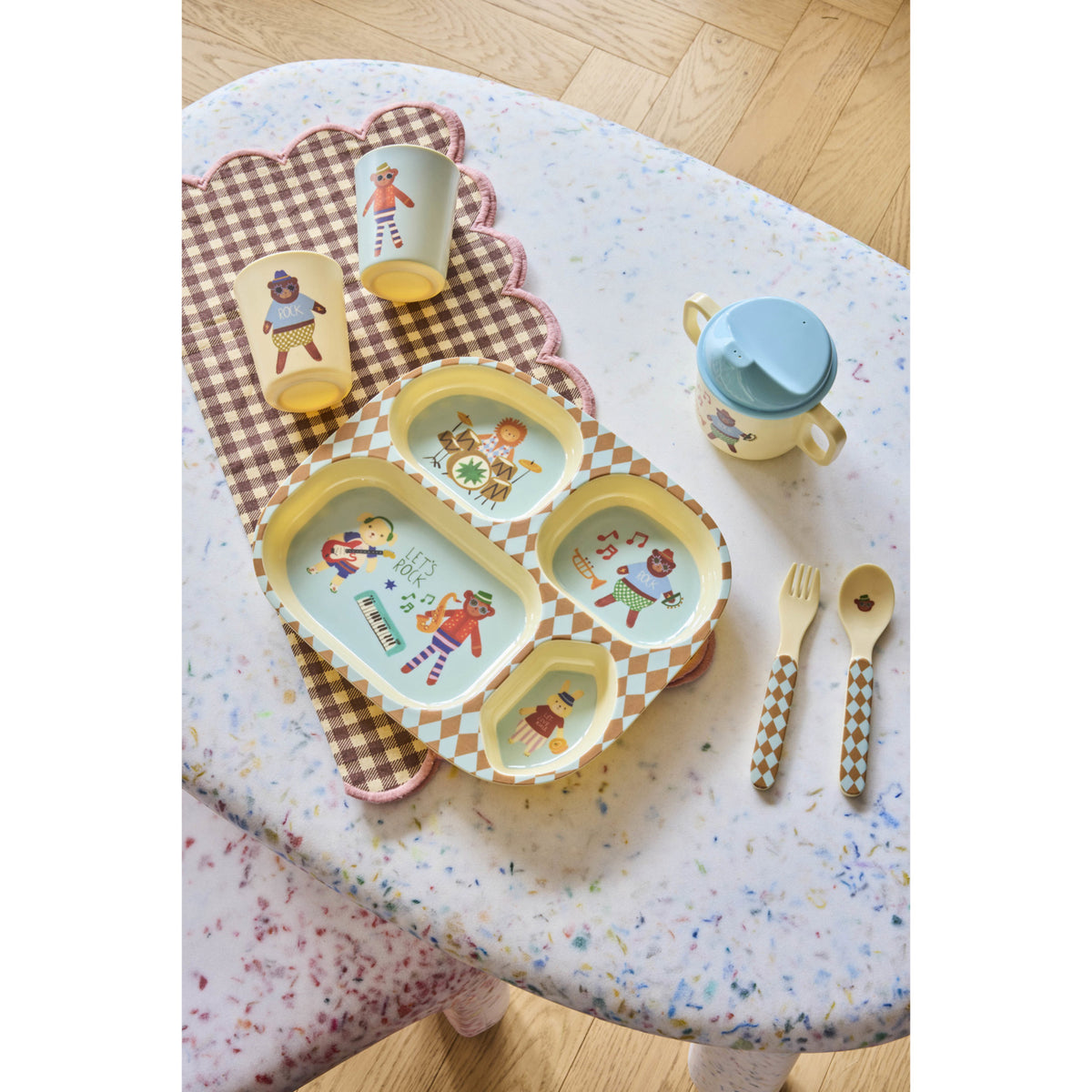 Rice Melamine Kids 4 Room Plate With Blue Music Band Print