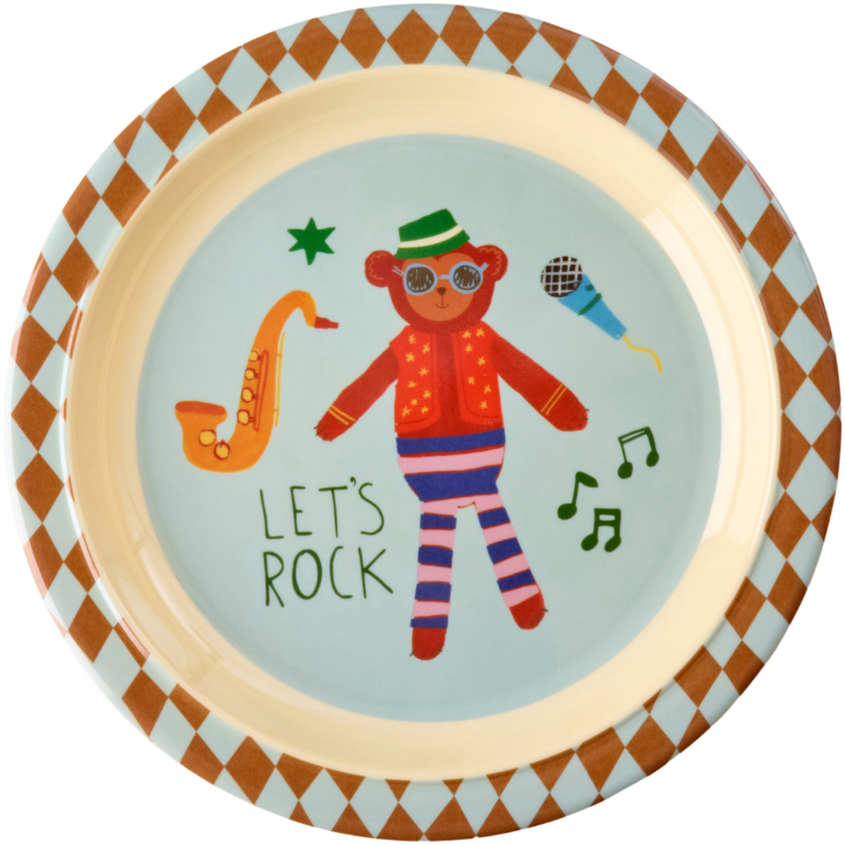 Rice Melamine Kids Lunch Plate With Blue Music Band Print