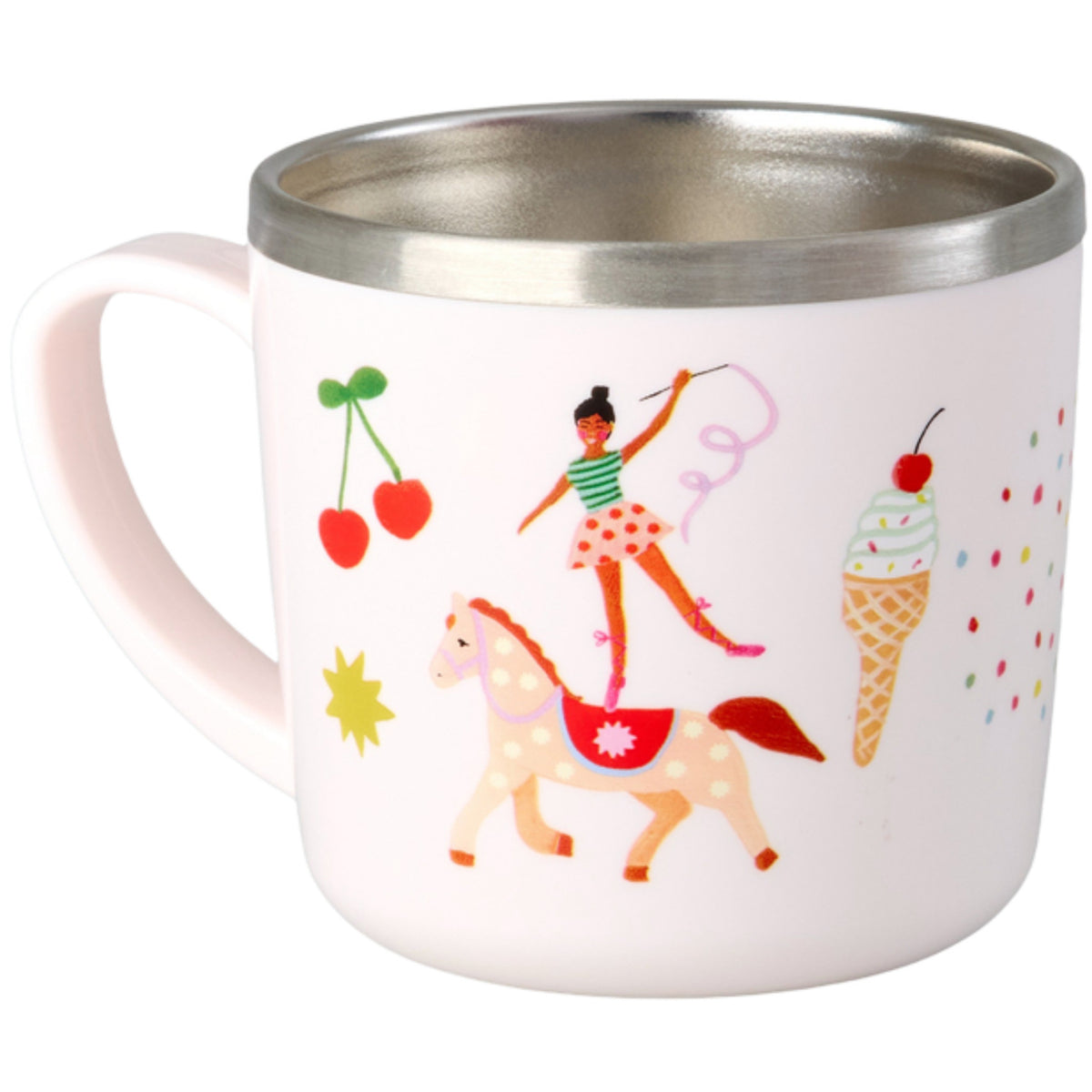 Rice Stainless Steel Baby Cup With Handle And Fixed Cover - Pink Fun Fair Print - 260 Ml