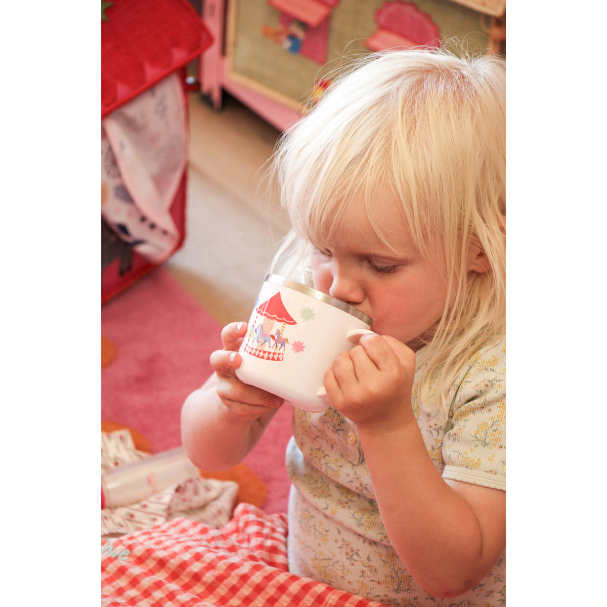 Rice Stainless Steel Baby Cup With Handle And Fixed Cover - Pink Fun Fair Print - 260 Ml