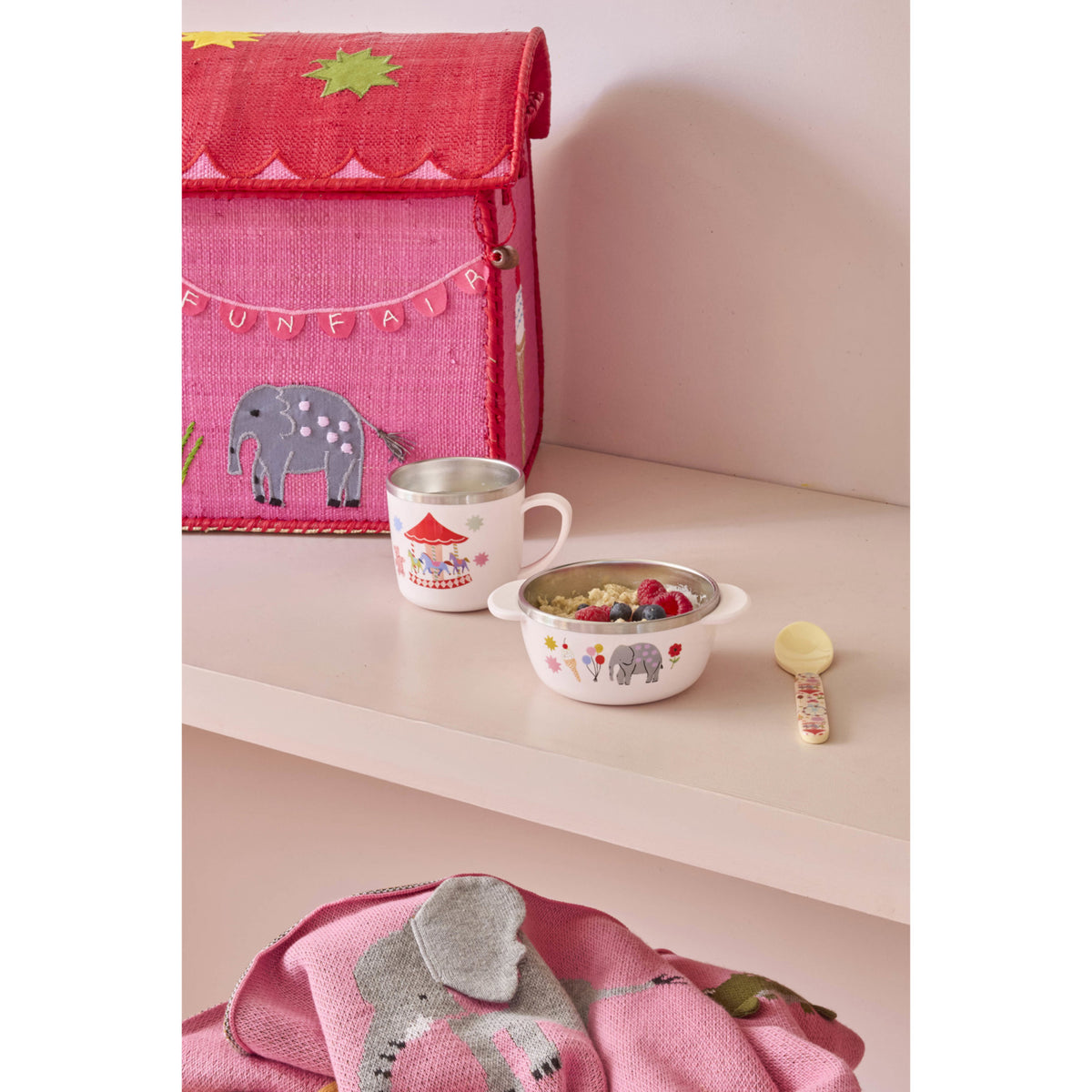 Rice Stainless Steel Baby Cup With Handle And Fixed Cover - Pink Fun Fair Print - 260 Ml