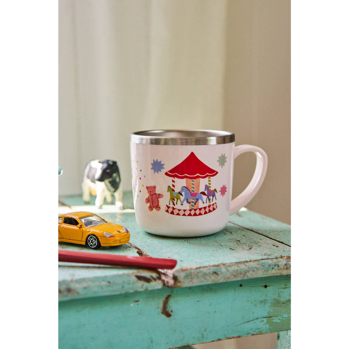 Rice Stainless Steel Baby Cup With Handle And Fixed Cover - Pink Fun Fair Print - 260 Ml