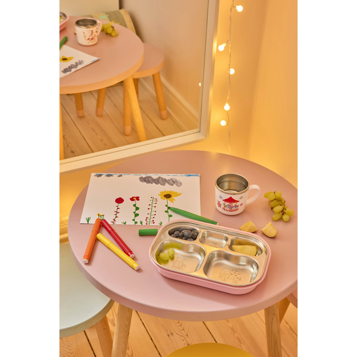 Rice Stainless Steel 5 Room Plate With Pink Fun Fair Laser Print