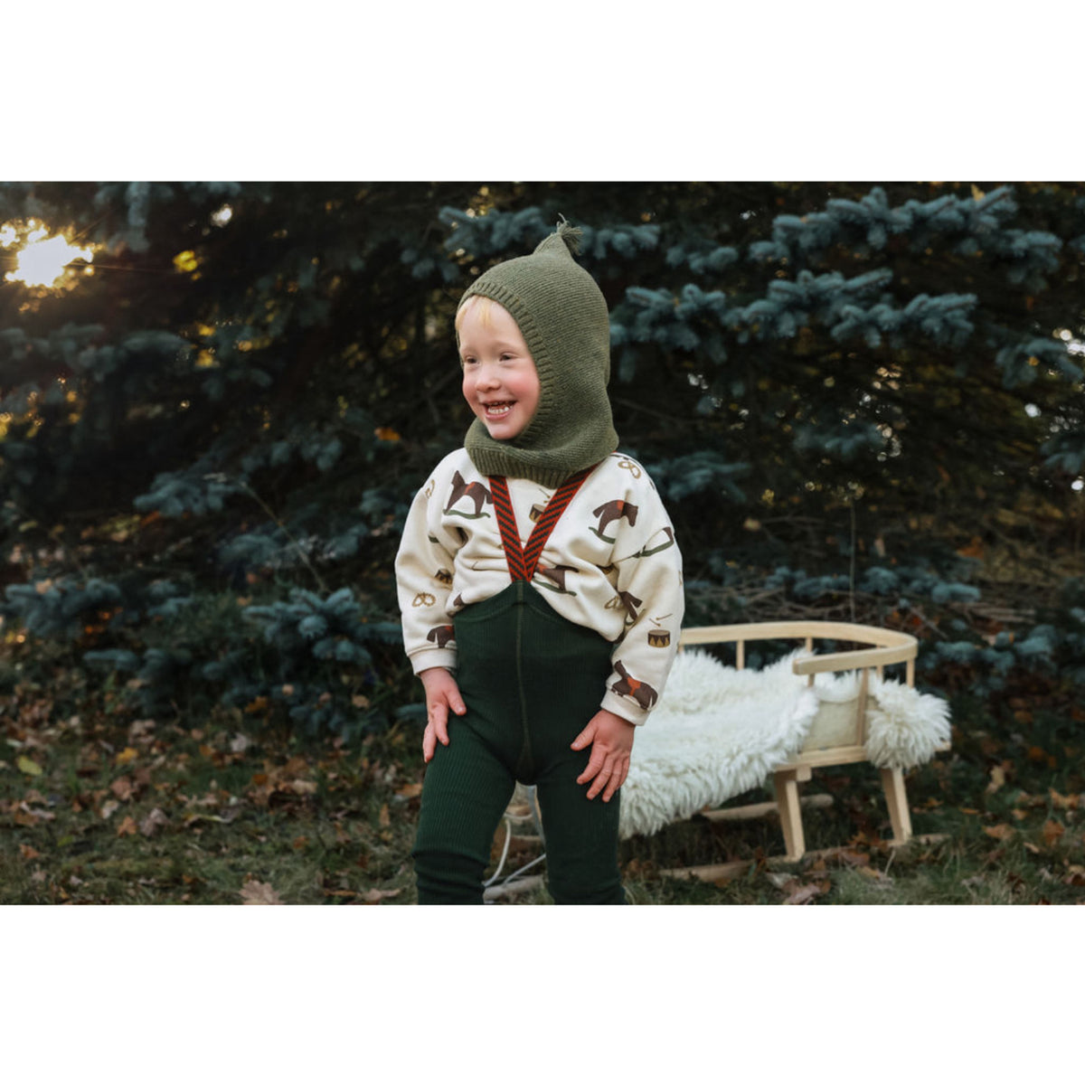 Silly Silas Footless Cotton Tights With Braces Dark Forest Green Christmas Patterned