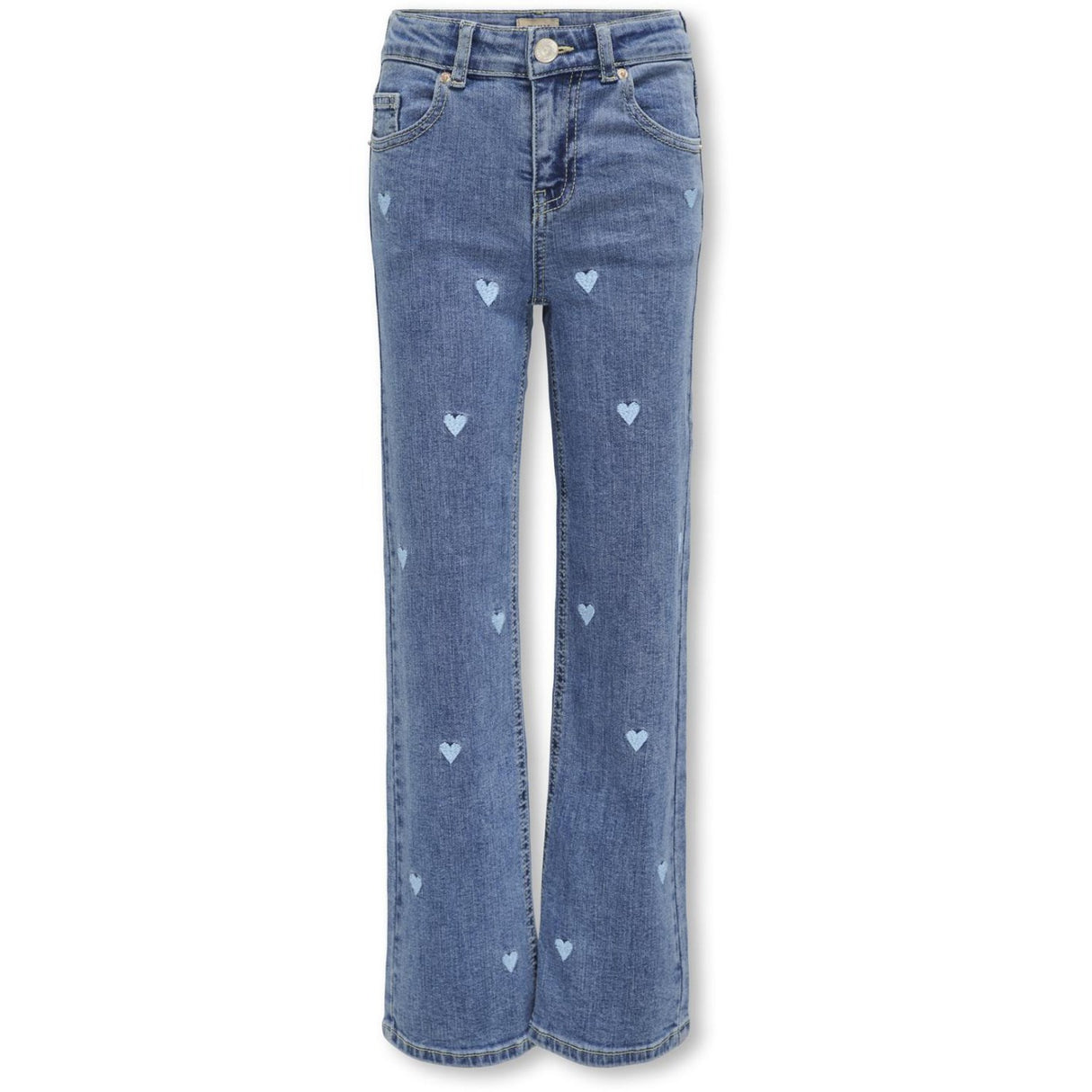 kids ONLY Light Medium Blue Denim Embroidered Blue Hearts Juicy Wide Leg Heart Denim Jeans