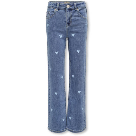 kids ONLY Light Medium Blue Denim Embroidered Blue Hearts Juicy Wide Leg Heart Denim Jeans