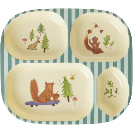 Rice Melamine Kids 4 Room Plate with Blue Happy Forest Print