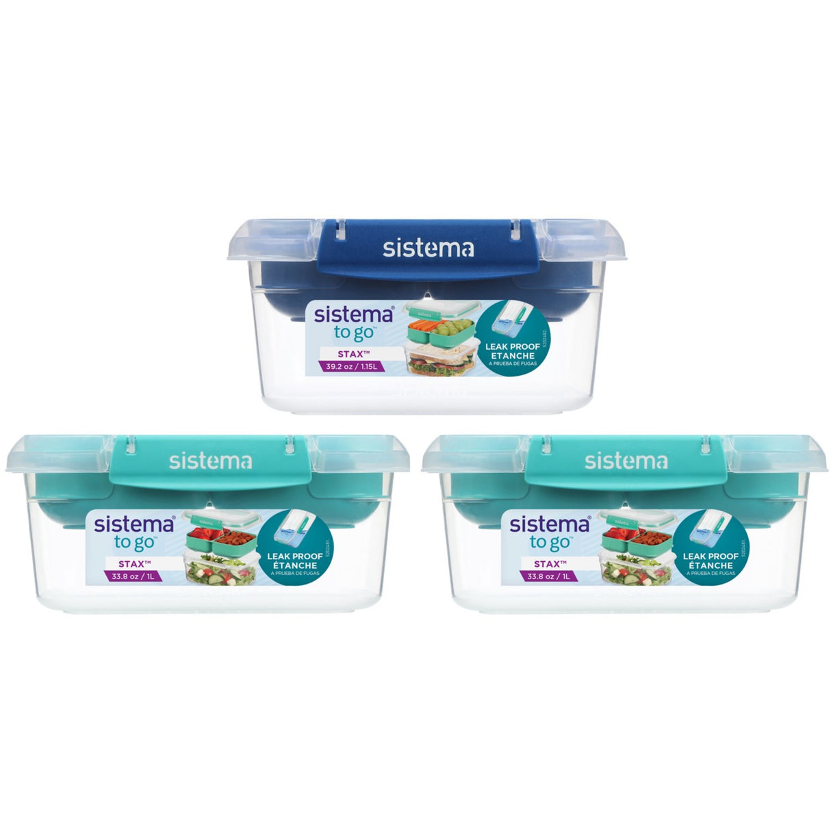 Sistema Minty Teal / Ocean Blue Ecommerce 3-Pack Stax To Go Lunch Boxes 3 x 1L Rectangles