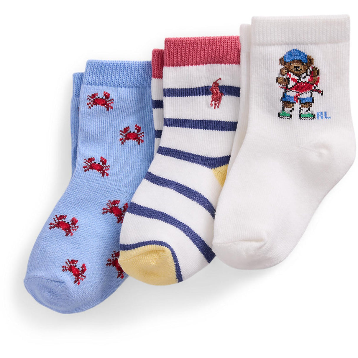 Ralph Lauren Baby White, White Multi, Blue Crew Sock 3-Pack