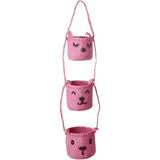 Rice Raffia 3-Tier Hanging Storage With Animal Faces In Pink