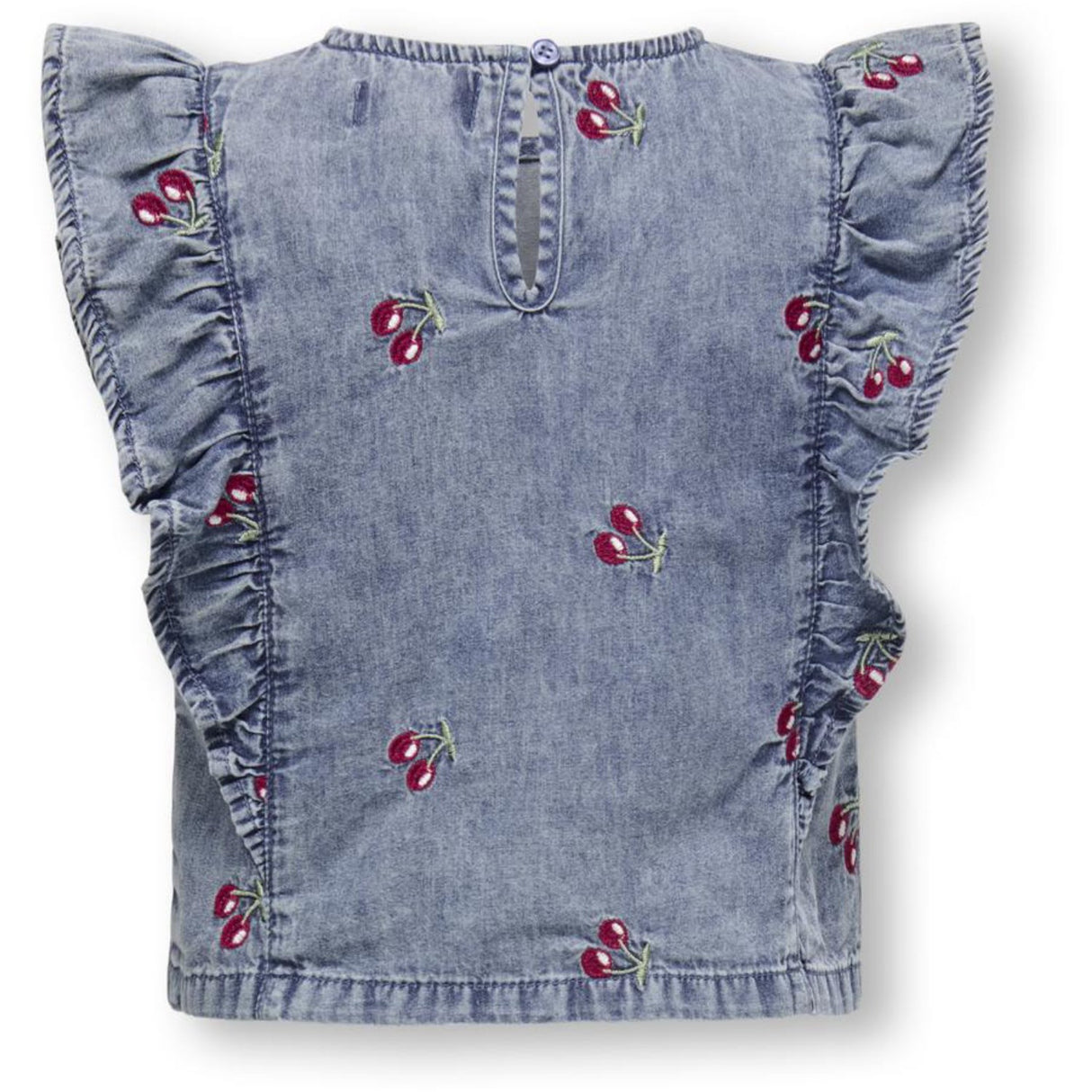 Kids ONLY MINI Medium Blue Denim Cherry Embroidery Dandy Frill Cherry Top Denim