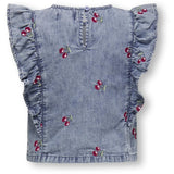Kids ONLY MINI Medium Blue Denim Cherry Embroidery Dandy Frill Cherry Top Denim
