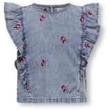 Kids ONLY MINI Medium Blue Denim Cherry Embroidery Dandy Frill Cherry Top Denim