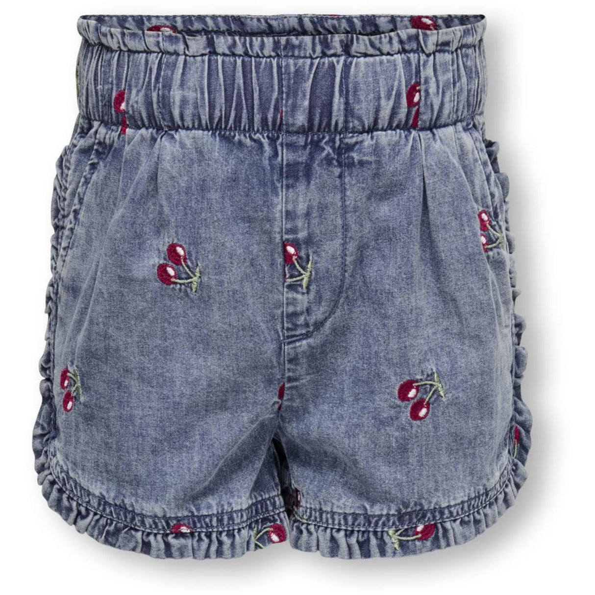 Kids ONLY MINI Medium Blue Denim Cherry Embroidery Dandy Cherry Frill Denim Shorts