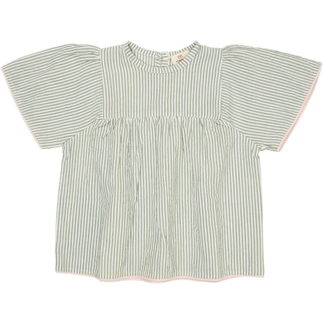 COPENHAGEN COLORS Green W Cream Stripe W. Dusty Rose Seersucker Blouse W. Contrast Edge