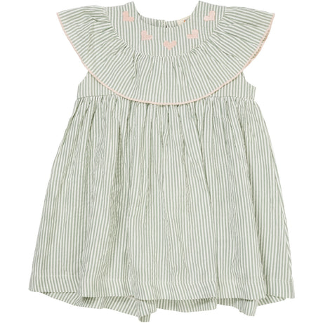 COPENHAGEN COLORS Green W Cream Stripe W. Dusty Rose Seersucker Dress W. Heart