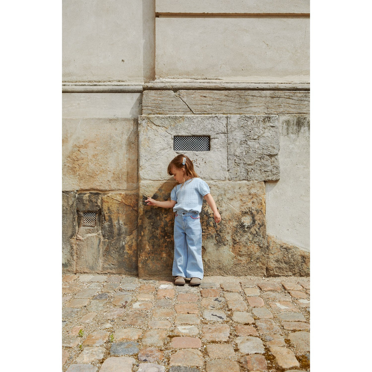 COPENHAGEN COLORS Dusty Blue Knitted Pointelle Blouse
