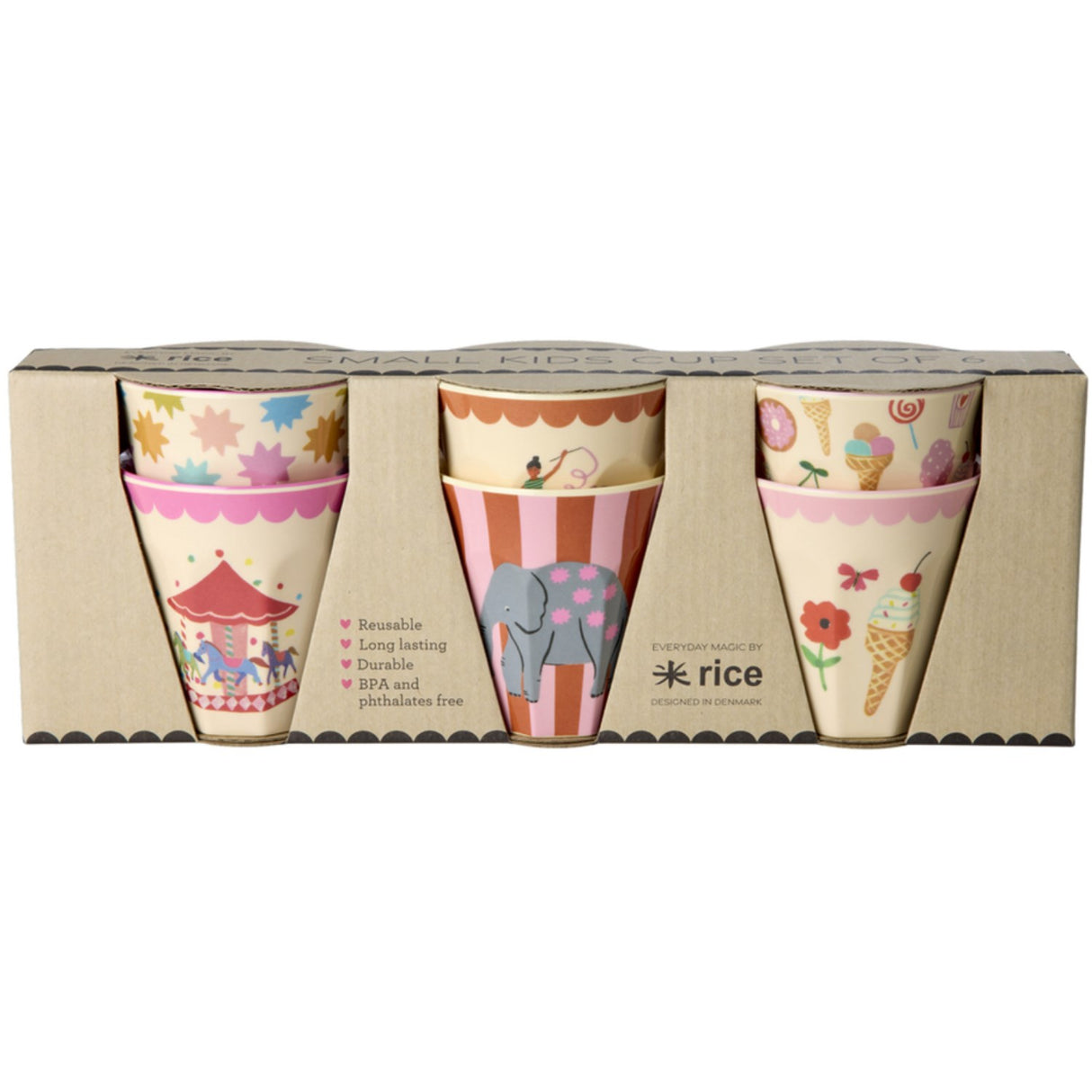 Rice Fun Fair Print Pink Melamine Cups Small 6 Pack