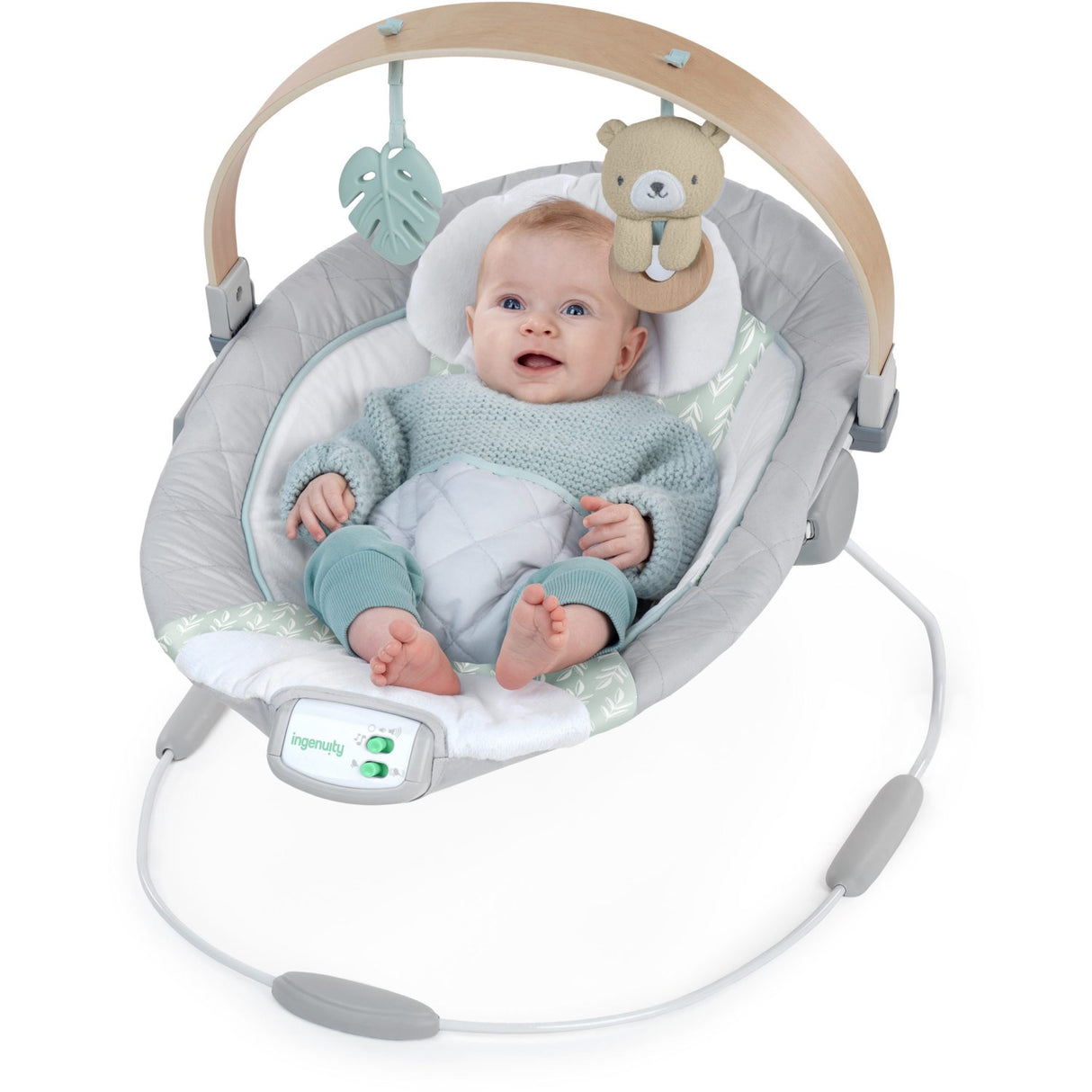 Ingenuity Grey Cosy Spot Baby Bouncer With Activity Arch In Wood