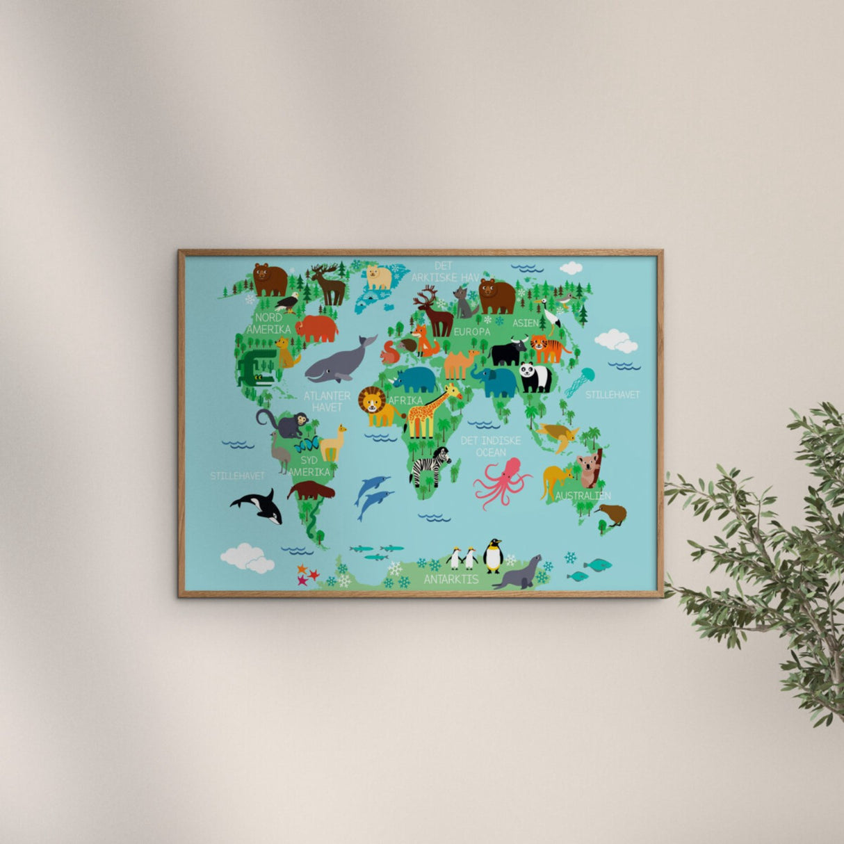 Poster & Frame Citatplakat - Verdenskort Plakat Med Dyr Til Børn