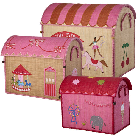 Rice Pink Fun Fair Theme Raffia Toy Baskets 3-Pack