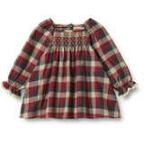 Wheat Red Blue Check Dress L/S Lace Bella