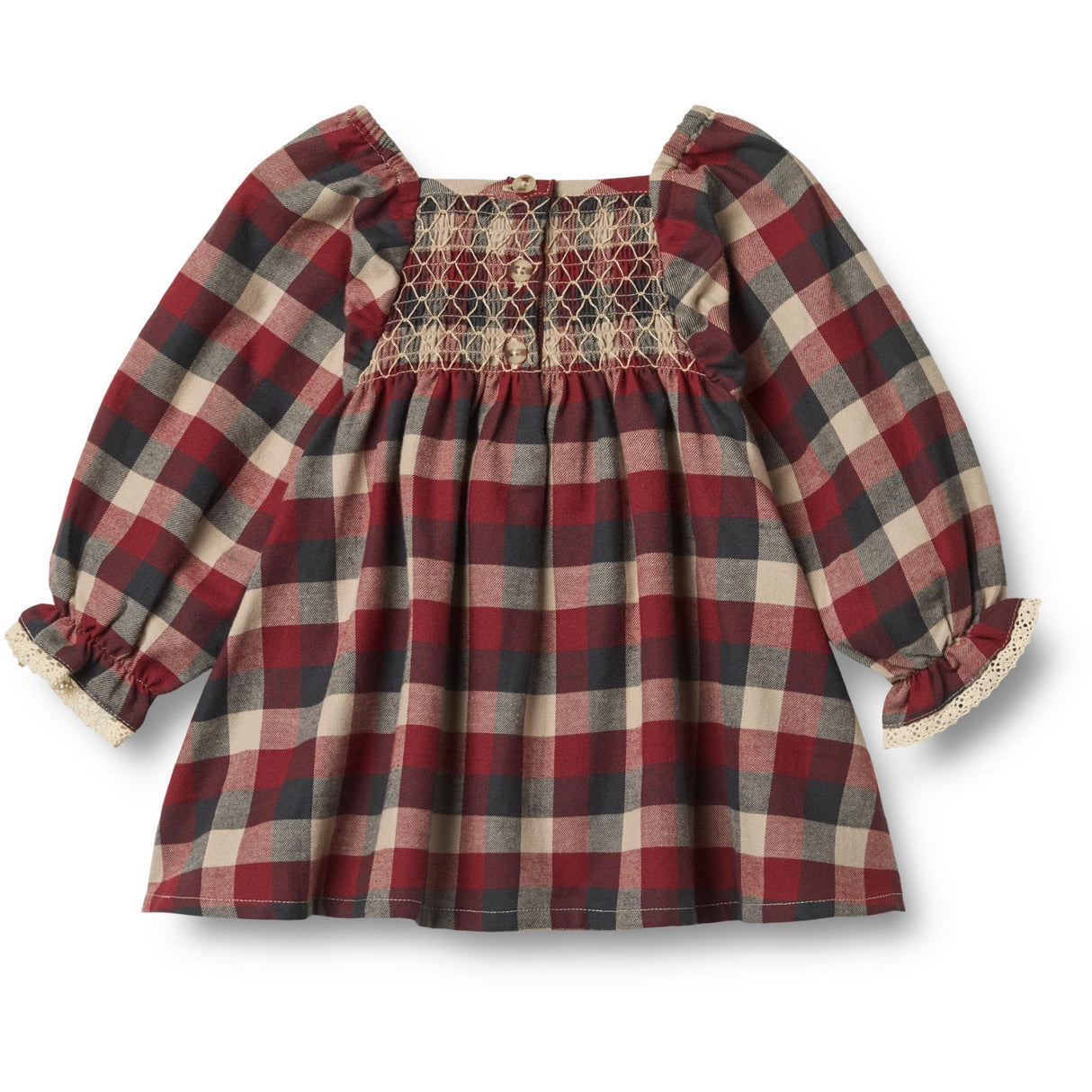Wheat Red Blue Check Dress L/S Lace Bella