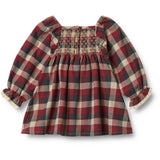 Wheat Red Blue Check Dress L/S Lace Bella
